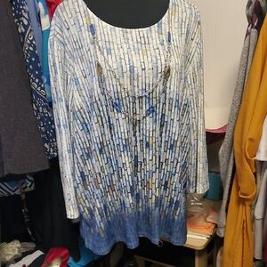 Alfred Dunner Blue and White Mosaic Long Sleeve Top